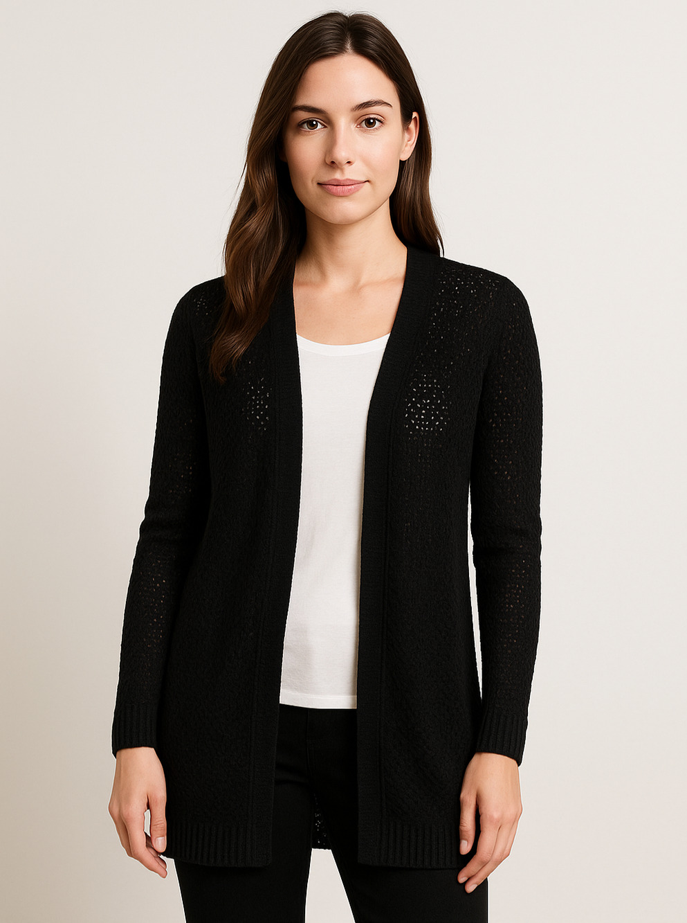 AB Studio Black Open Knit Cardigan Women’s Small – Longline Lightweight Sweater